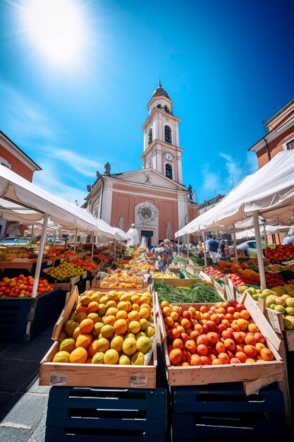 Foto ilustración generativa de ia del mercado italiano de frutas saludables y orgánicas en un día soleado en la plaza de la ciudad