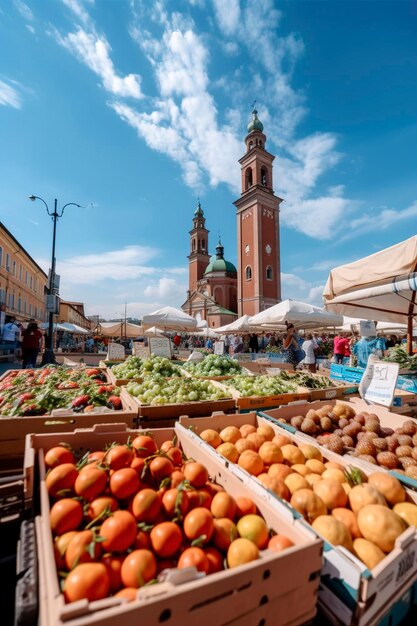 Foto ilustración generativa de ia del mercado italiano de frutas saludables y orgánicas en un día soleado en la plaza de la ciudad