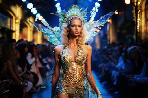 Ilustración generativa de IA Modelo de niña adulta joven con un atuendo de un diseñador famoso en la imagen de un espectáculo de pasarela de ángel en un desfile de moda