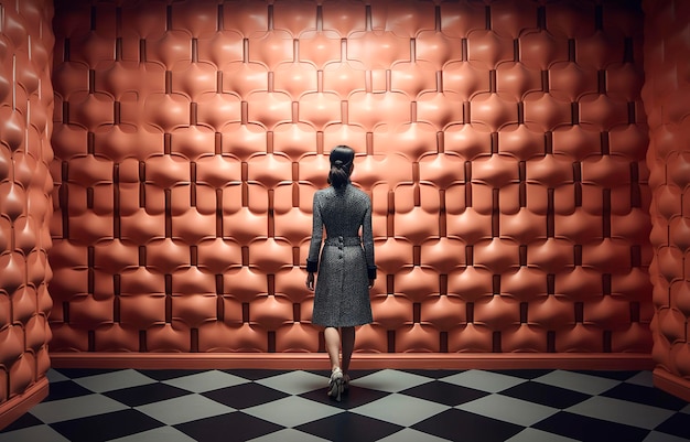 Ilustración generativa de IA de una mujer elegante y atractiva de 30 años de espaldas a una pared futurista vestida con un lujoso vestido de cuero