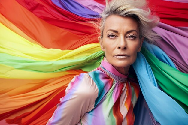 Ilustración generativa de IA de una mujer lesbiana de 55 años vestida y maquillada con alta costura con los colores del arcoíris