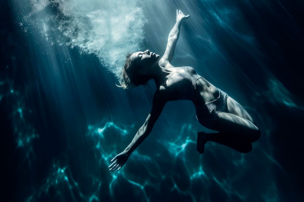 Ilustración generativa de IA de una mujer nadando en el océano bajo el agua