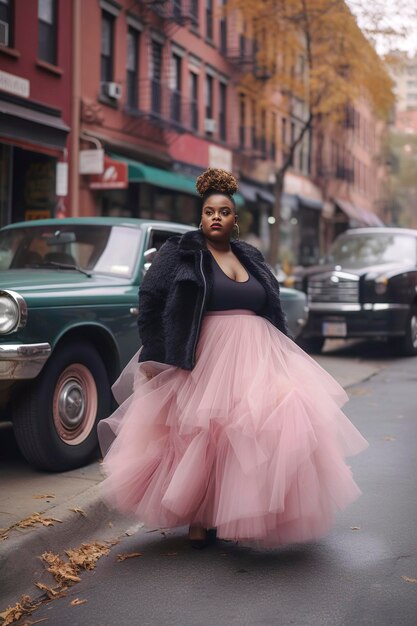 Ilustración generativa de IA de una mujer negra hermosa y feliz de talla grande caminando por la calle con una falda de tul rosa