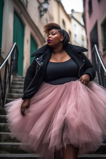 Ilustración de ia de una mujer negra hermosa y feliz de talla grande caminando por la calle con una falda de tul rosa | Foto Premium