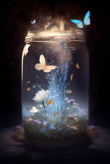 Ilustración generativa de IA de la naturaleza dentro de un frasco de vidrio con plantas, flores, peces de agua y mariposas