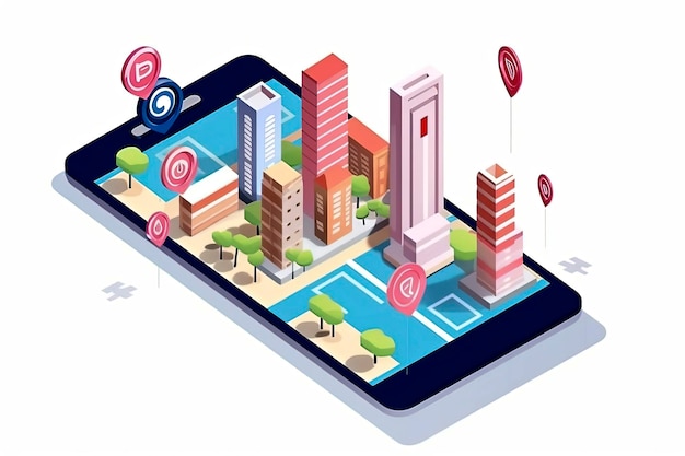 Ilustración generativa de IA de la navegación de ruta del mapa de la ciudad en línea en un teléfono inteligente con localizador de puntos Plan isométrico de la ciudad con carreteras y edificios