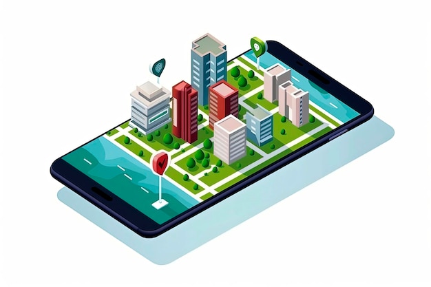 Ilustración generativa de IA de la navegación de ruta del mapa de la ciudad en línea en un teléfono inteligente con localizador de puntos Plan isométrico de la ciudad con carreteras y edificios