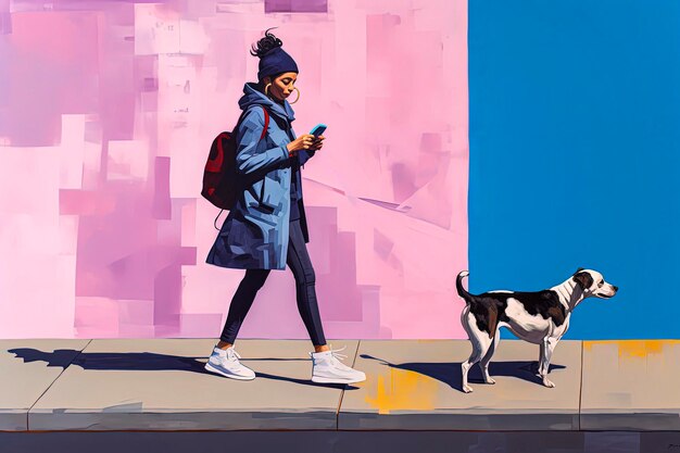 Ilustración generativa de IA de una niña caminando por la calle con un perro y un teléfono inteligente en estilo pintura al óleo Arte digital