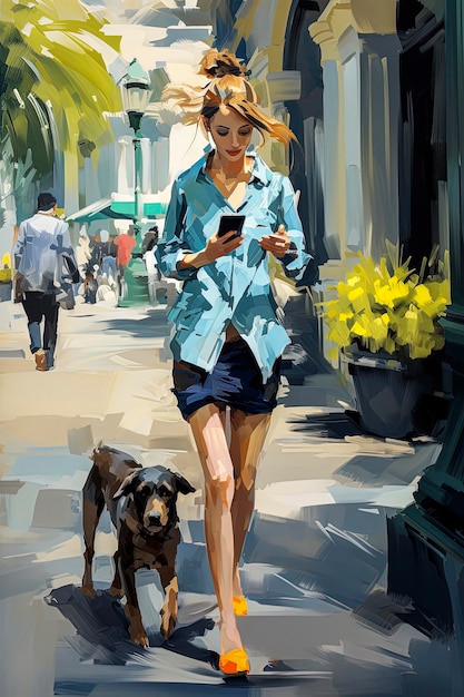 Ilustración generativa de IA de una niña caminando por la calle con un perro y un teléfono inteligente en estilo pintura al óleo Arte digital