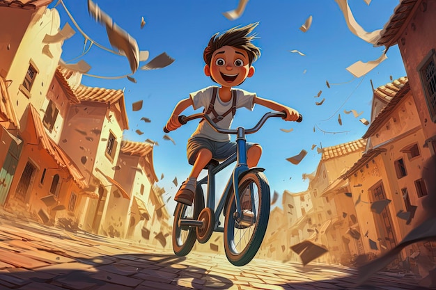 Ilustración generativa de IA de un niño feliz montando una bicicleta a alta velocidad por las calles de una ciudad Ilustración estilo caricatura Arte digital