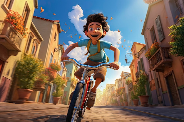 Ilustración generativa de IA de un niño feliz montando una bicicleta a alta velocidad por las calles de una ciudad Ilustración estilo caricatura Arte digital