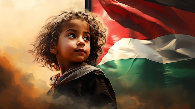 Ilustración generativa de IA de un niño frente a un retrato de la bandera palestina