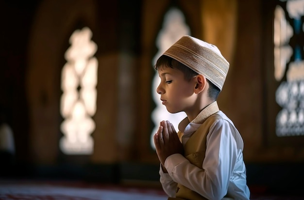 La ilustración generativa de IA de un niño musulmán está jugando al estilo musulmán en una mezquita árabe con rayos de luz que entran por una ventana