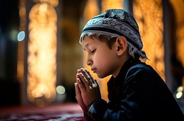 La ilustración generativa de IA de un niño musulmán está jugando al estilo musulmán en una mezquita árabe con rayos de luz que entran por una ventana