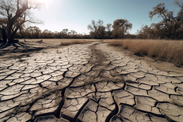 Ilustración generativa de IA de pantano seco con suelo agrietado debido a la sequía originada por el cambio climático