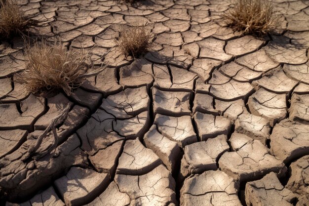 Ilustración generativa de IA de pantano seco con suelo agrietado debido a la sequía originada por el cambio climático