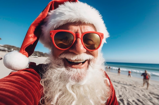 Ilustración generativa de IA de Papá Noel con gafas de sol tomándose un selfie en una playa en un día soleado de Navidad