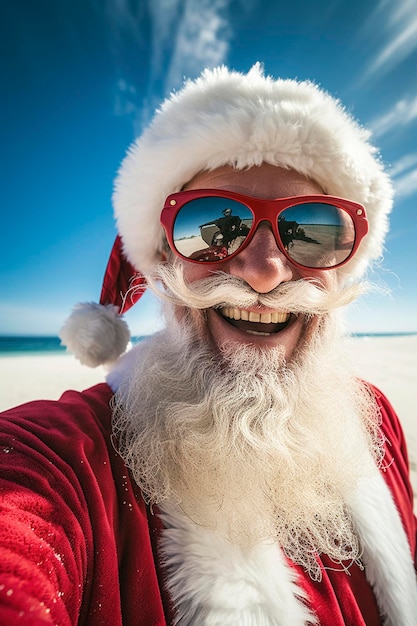 Ilustración generativa de IA de Papá Noel con gafas de sol tomándose un selfie en una playa en un día soleado de Navidad