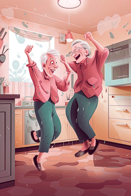 Ilustración generativa de IA de un par de ancianos bailando y disfrutando de la vida en la cocina