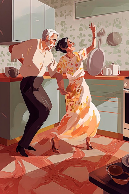 Ilustración generativa de IA de un par de ancianos bailando y disfrutando de la vida en la cocina