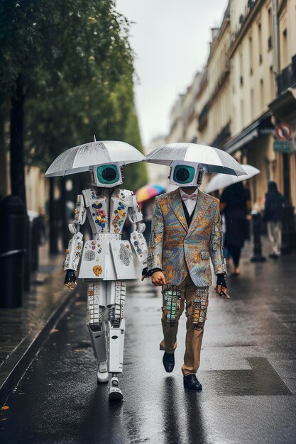 Ilustración generativa de IA de un par de robots de inteligencia artificial hombre y mujer enamorados vestidos con trajes de moda con sombrero de gafas de sol y paraguas caminando por las calles