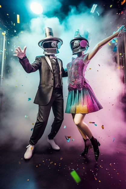 Ilustración generativa de IA de un par de robots semihumanos de inteligencia artificial de hombre y mujer enamorados vestidos a la última moda con sombrero bailando en un club nocturno de moda