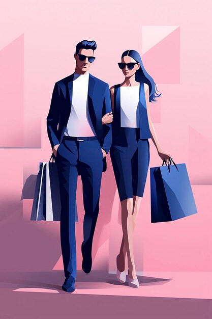 Ilustración generativa de IA de una pareja cargando bolsas de compras en estilo de ilustración vectorial con colores pastelArte digital