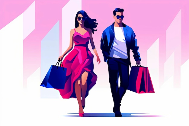 Ilustración generativa de IA de una pareja cargando bolsas de compras en estilo de ilustración vectorial con colores pastelArte digital