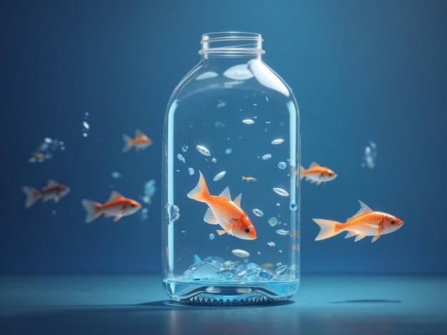 Ilustración generativa de IA de peces pequeños nadando en una botella de plástico transparente