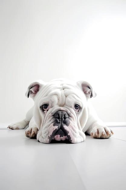 Ilustración generativa de IA de un perro bulldog inglés blanco con fondo blanco puro