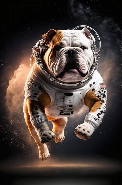 Ilustración generativa de IA de un perro bulldog inglés vestido de astronauta