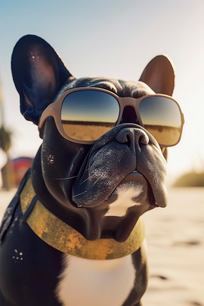 Ilustración generativa de IA del perro Bulldog sentado en la arena de la playa de vacaciones con gafas de sol