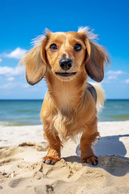 Ilustración generativa de IA de un perro dachshund caminando por la playa en un día soleado de verano