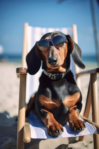 Ilustración generativa de IA del perro Dachshund con gafas de sol de vacaciones sentado en una hamaca