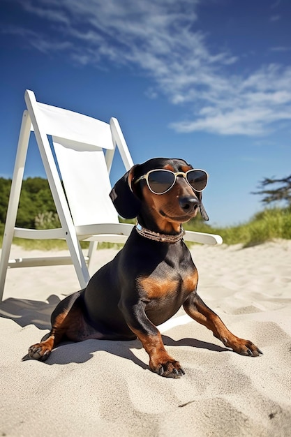 Ilustración generativa de IA del perro Dachshund con gafas de sol de vacaciones sentado en una hamaca