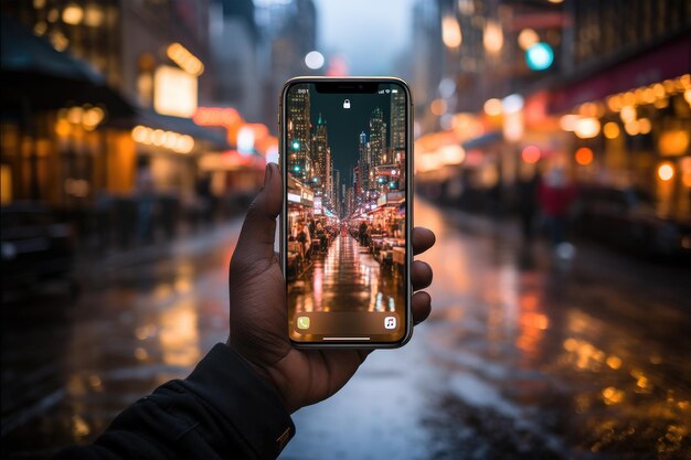 Ilustración generativa de IA de una persona anónima tomando una foto en un teléfono inteligente moderno de la ciudad de la noche