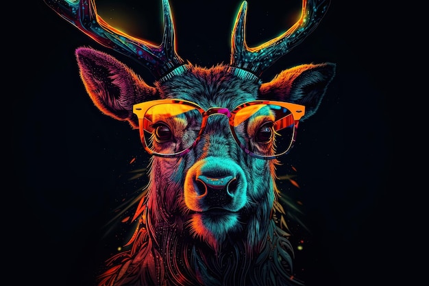 Ilustración generativa de IA de un personaje hipster realista Ciervo con gafas de sol y colores neón