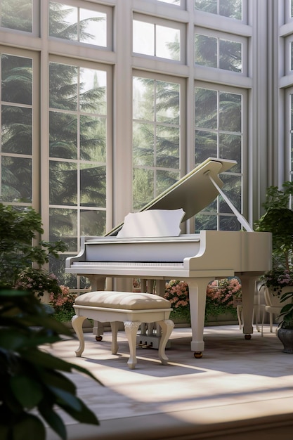Ilustración generativa de IA de un piano de cola blanco en una sala de estar rodeada de luz que atraviesa el cristal Casa de lujo