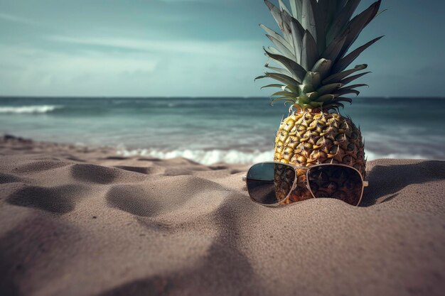 Ilustración generativa de IA de piña en la playa con gafas de sol en un día soleado con colores tropicales