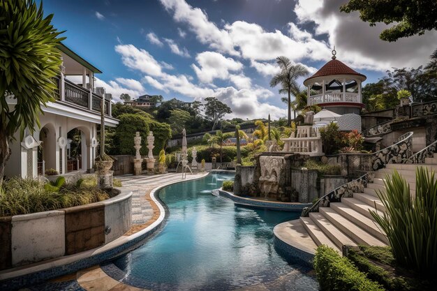 Ilustración generativa de IA de piscina de lujo y porche verde de estilo colonial con sofás, mesas y sillas de madera natural