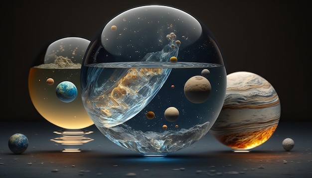 Ilustración generativa de IA de planetas en una esfera de vidrio con agua y burbujas