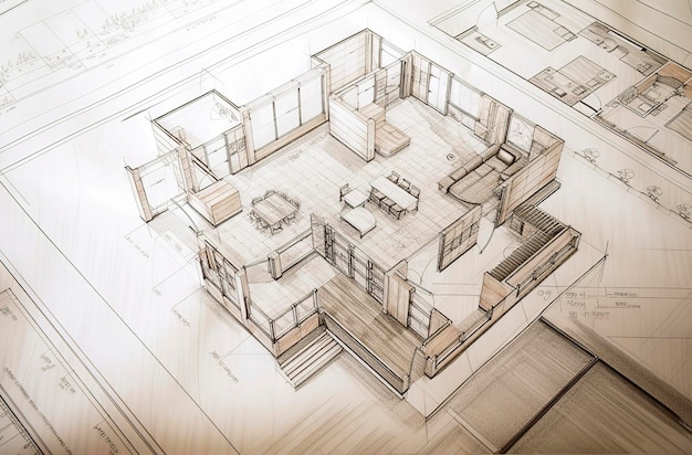 Ilustración generativa de IA de planos arquitectónicos, dibujos, bocetos a lápiz, texturas de papel, páginas de libros, planos de planta