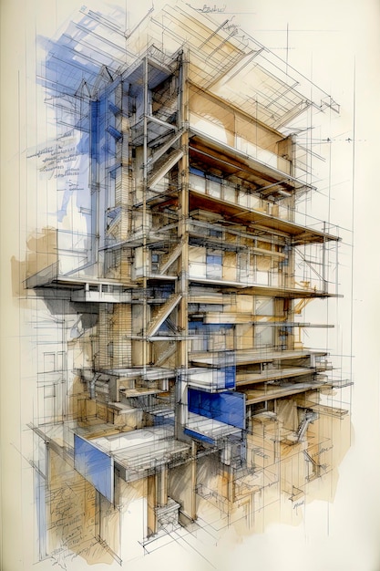 Ilustración generativa de IA de los planos de la casa de construcción dibujados con acuarelas de colores vistos