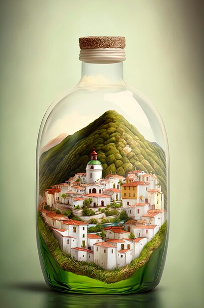 Ilustración generativa de IA de un pueblo en el campo andaluz con luz solar dentro de una botella de vidrio Típico español