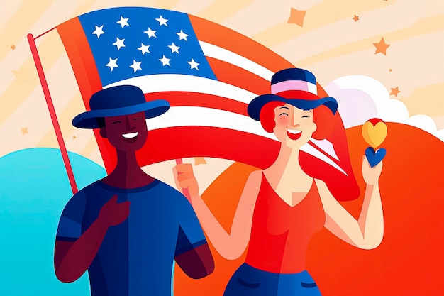 Ilustración generativa de IA del pueblo estadounidense celebrando la conmemoración del 4 de julio