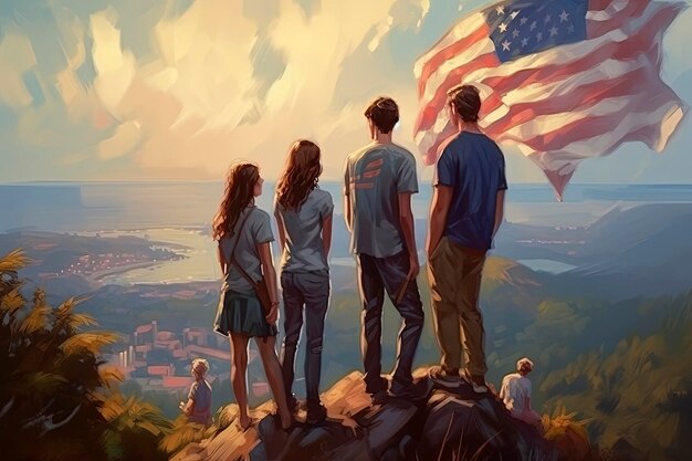 Ilustración generativa de IA del pueblo estadounidense celebrando la conmemoración del 4 de julio