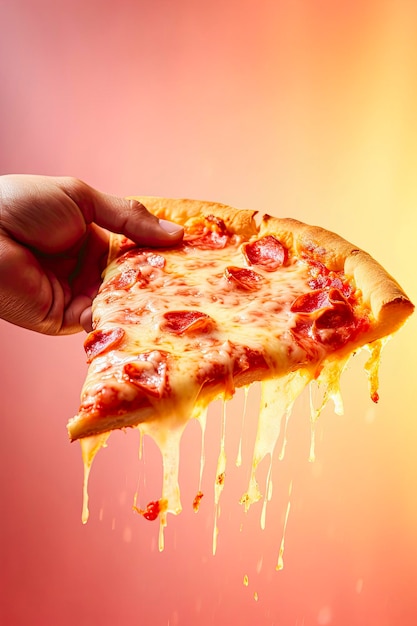 Ilustración generativa de IA de rebanada de pizza con queso derretido sostenida por una mano sobre fondo colorido