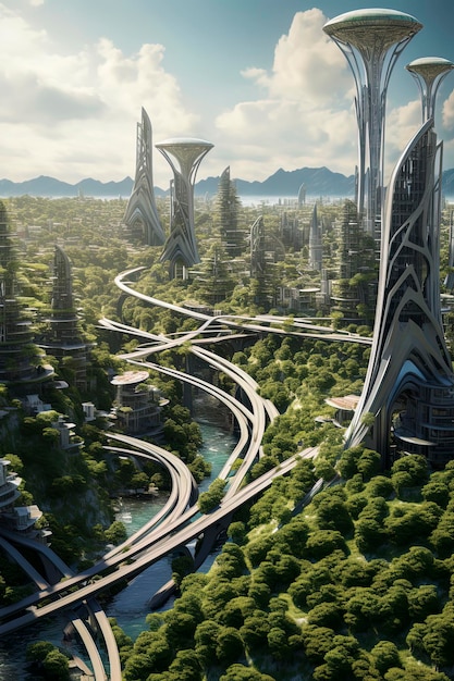 Ilustración generativa de IA de la representación de una ciudad de la ciudad del futuro es sostenible y eficiente