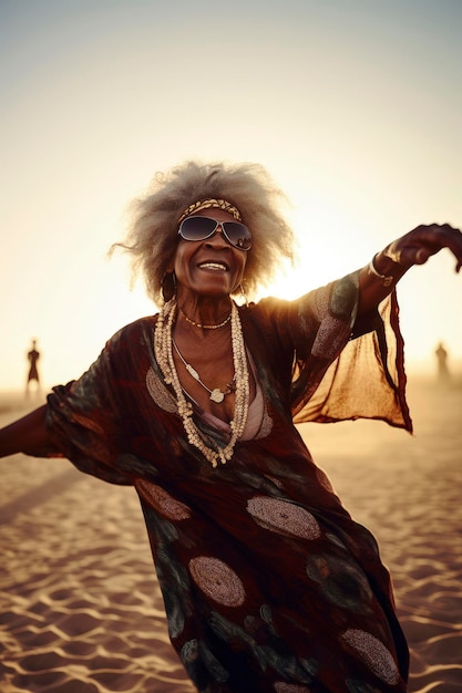 Ilustración generativa de IA del retrato de una feliz mujer negra hippie mayor bailando en la playa con luz de puesta de sol