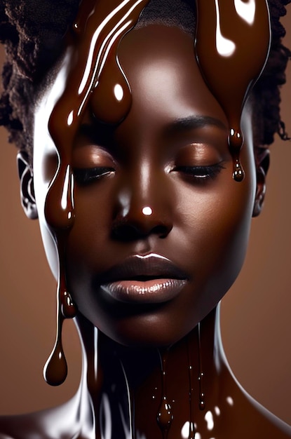 Ilustración generativa de IA del Retrato de una hermosa niña negra con chocolate derritiéndose en la cara